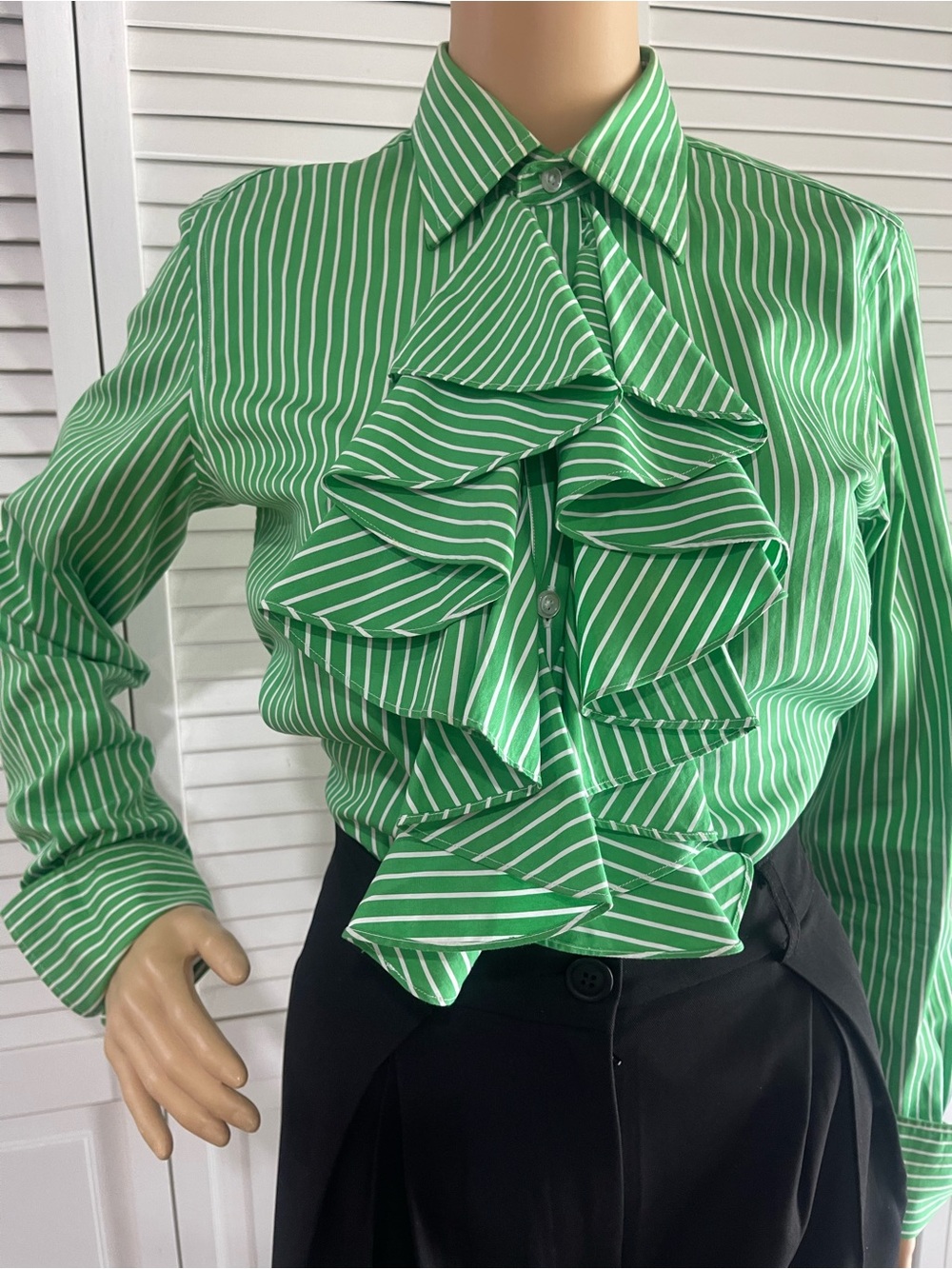 Ralph Lauren Green and White Striped Ruffle Button-Down Shirt - Picture 3 of 5